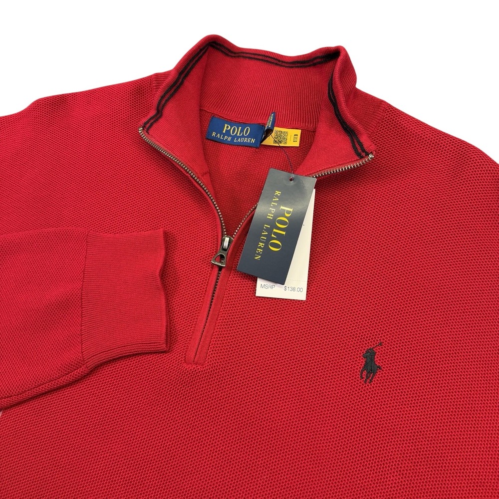 NEW Polo Ralph Lauren Quarter Zip Men XXL Red Textured Cotton Sweater Waffle